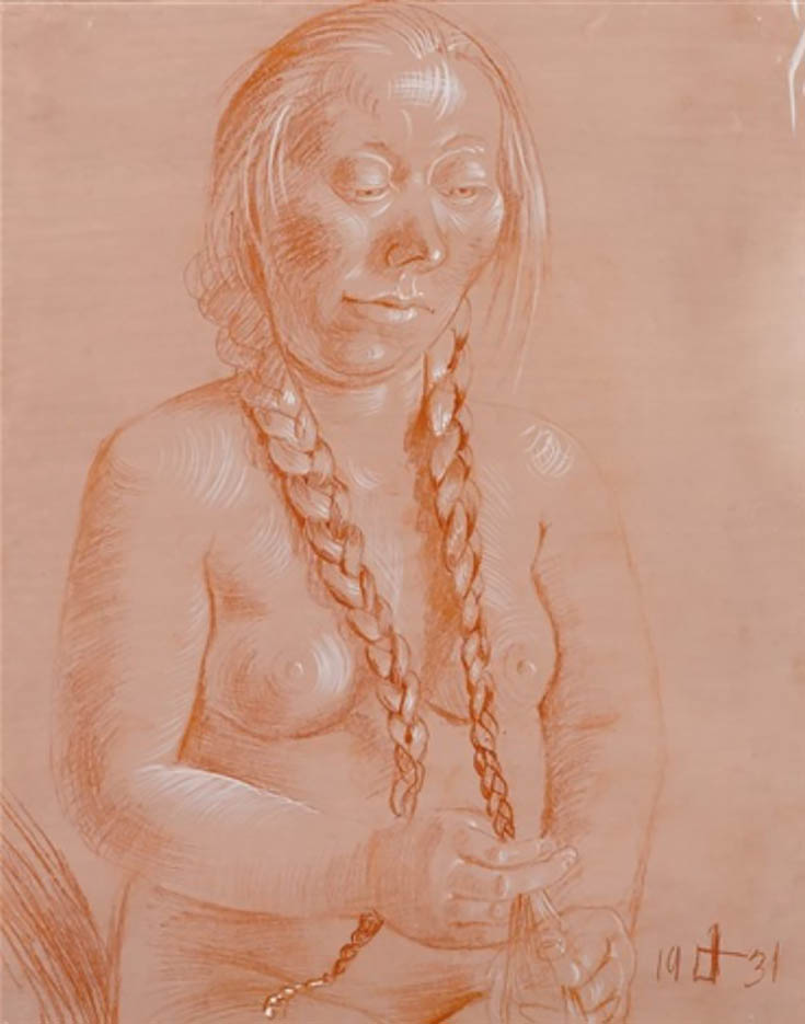 Отто Дикс (Otto Dix) Drawing “Sitzender Akt beim Zöpfeflechten (Sitting nude braiding her hair)“