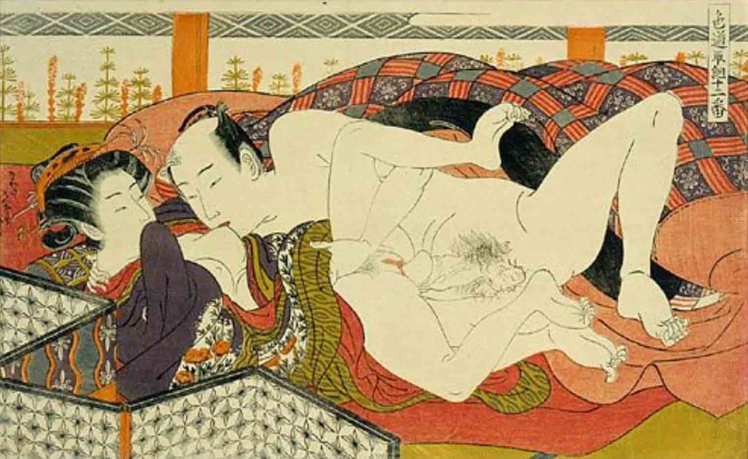 Исода Корюсай (Isoda Koryusai) “Man kissing partner's breast“
