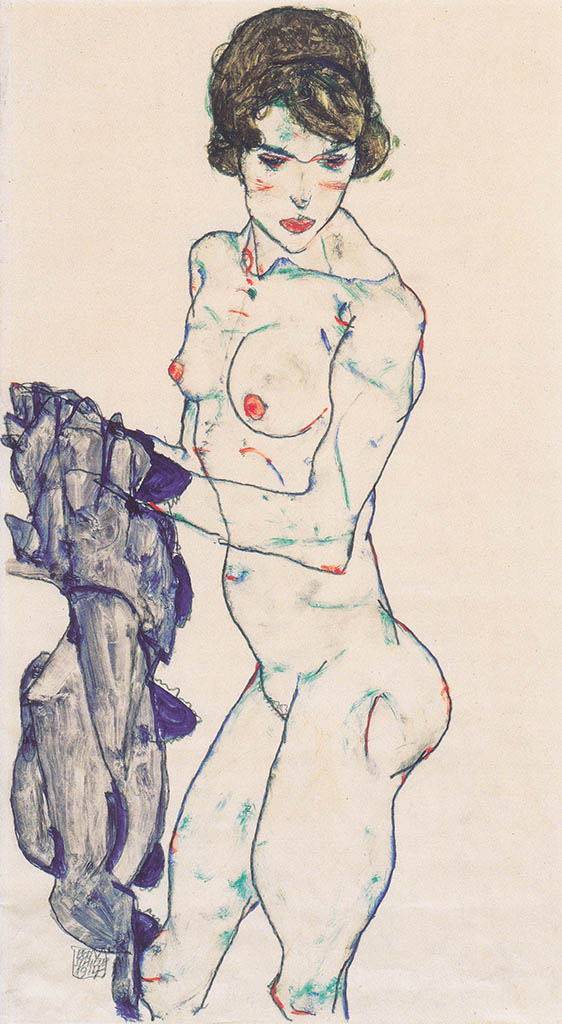 Эгон Шиле (Egon Schiele), “Stehender weiblicher Akt mit blauem Tuch“